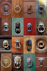 古意大利式的门锁和把手装饰风格红色棕色入口橙子黄铜建筑收藏建筑学背景图片