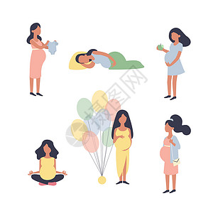 导乐分娩素材怀孕的女人 怀孕矢量插图集 和其他情况 特征向量设计母亲身体生活饮食母性世界清单气球婴儿女性设计图片