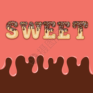 诱人的排版 糖衣文字 用巧克力釉上釉的词甜字体背景珊瑚色美味糖果店铺面包字母甜甜圈装饰插画