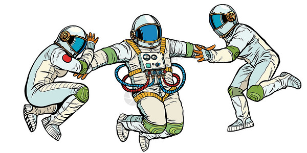 三名宇航员在太空中零重力隔离在白色背景上高清图片