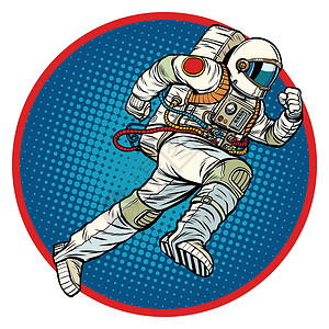 长毛绒宇航员绕着徽章向前跑插画