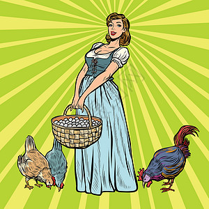 家养鸡崽农村妇女 在农场里养鸡和鸡蛋插画