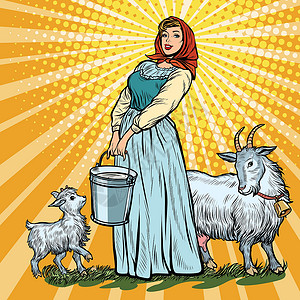 有荨麻的山羊一名乡村妇女 有一桶奶山羊插画