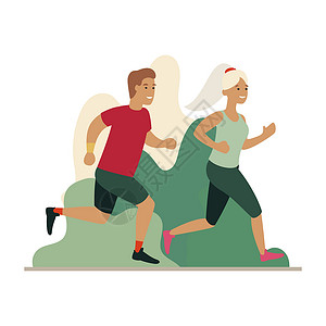 公园里跑步男人和女人在公园里奔跑女性慢跑者城市卡通片森林乐趣运动赛跑者动物行动设计图片