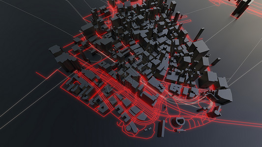 动画建筑未来派的夜城  3D插画建筑学辉光城市建筑街道天际汽车交通场景摩天大楼背景