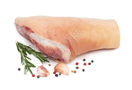 新鲜猪头烹饪烧烤火腿关节食物猪肉白色红色屠夫厨房背景图片