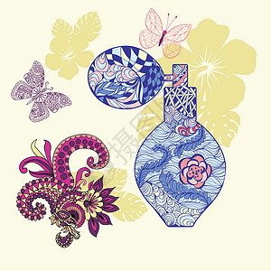 蝴蝶装饰香水瓶和有鲜花和蝴蝶的背景插画