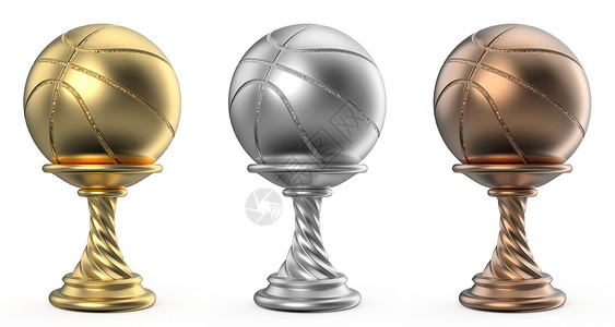金 银和铜奖杯杯3D插图篮球收藏竞赛仪式冠军战利品游戏金子渲染背景