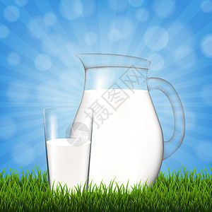 牛奶边框水罐与玻璃和蓝天草边框插画
