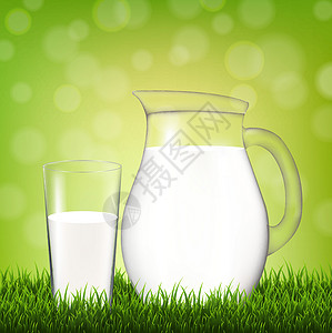 牛奶边框带玻璃和草边框的水罐插画