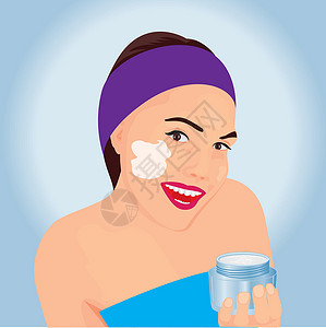 速冻奶油包一个女孩在她的脸上涂上奶油艺术魅力血清治疗绘画化妆品面具温泉插图皮肤设计图片