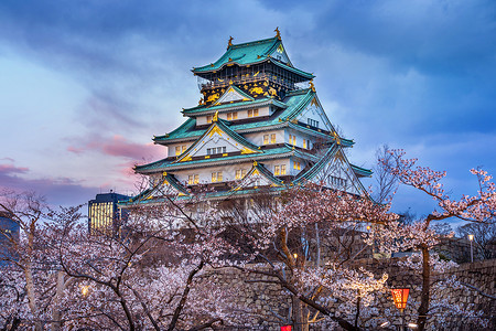 樱花城堡在日本大阪的樱花和城堡观光历史文化世界建筑学照明地标旅行遗产天空背景