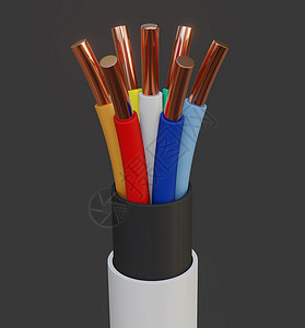 铜芯电线七芯电缆不同颜色  3D插画绝缘间断性工业塑料黑色安装金属导体宏观接线背景