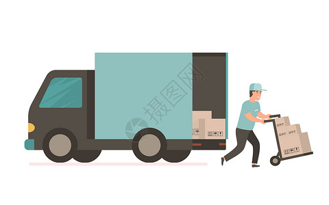 带纸箱的运货车物流市场卡车司机工人服务卡通片信使销售邮差背景图片