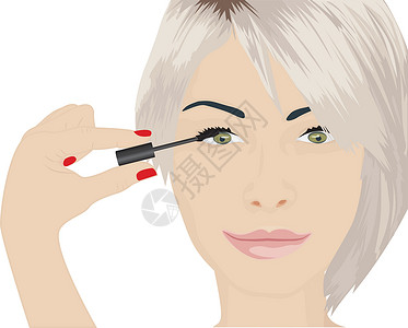 画睫毛一个女孩对着她的眼睛 施抹面膏黑色墨水刷子白色女士化妆品插图女性睫毛睫毛膏插画