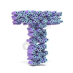 紫色蓝色字体由管 LETTER T 3 制成工业粉碎插图图形圆圈技术汽缸线条白色粒子背景图片