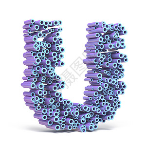紫色蓝色字体由管字母 U 3 制成圆圈图形圆柱粒子技术元素工业线条插图白色背景图片