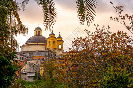色彩缤纷手掌阿里恰 — 罗马郊区 — 拉齐奥 — 意大利圣玛丽亚教堂穹顶分枝色彩缤纷的日落背景背景