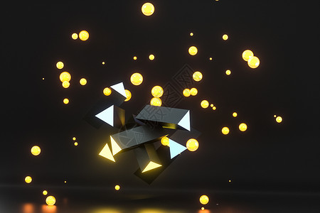 深色背景的 3d 渲染黄色发光三角柱柱子线条金属辉光创造力创新材料亮度工程传播背景图片