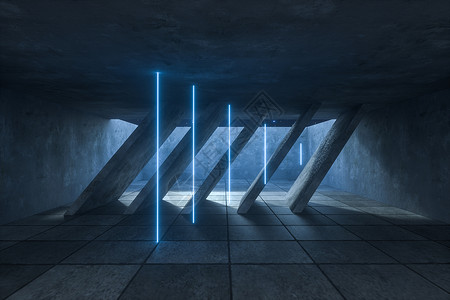 3d线条素材废弃房间黑暗背景中的 3d 渲染发光魔法线线条激光监狱辉光活力蓝色射线几何学技术插图背景