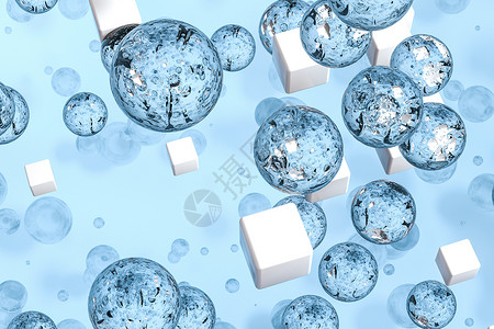 浅蓝色背景的 3d 渲染水滴气泡空气一滴水泡沫插图露珠反射墙纸液体蓝色背景图片