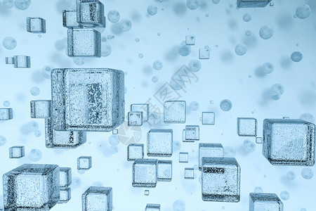 浅蓝色背景的 3d 渲染水滴气泡立方体一滴水肥皂墙纸反射青色空气玻璃液体背景图片