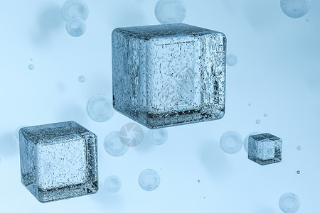 浅蓝色背景的 3d 渲染水滴空气气泡蓝色露珠立方体插图墙纸肥皂泡沫玻璃背景图片