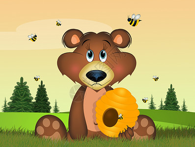 熊蜂蜜森林中的棕熊和蜜蜂背景