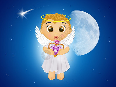 带着心珠的天使庆典宝石光环插图卡通片快乐翅膀卷发钻石天堂背景图片