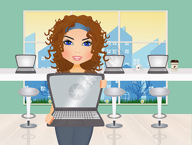 网吧监视器女孩上网服务网络女士技术咖啡店笔记本插图背景图片