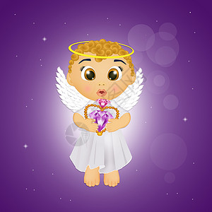 带着心珠的天使天堂卡通片快乐庆典卷发光环钻石宝石翅膀插图背景图片