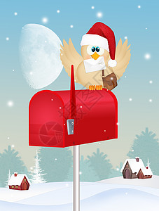 带圣诞老人信的鸟鸟快乐庆典插图翅膀邮差鸽子信封邮箱出货量明信片背景图片