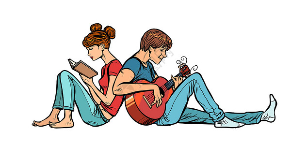 坐着弹吉他女孩和男孩 女人看书 男人弹吉他 (笑声)设计图片