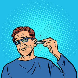 一个男人在他的耳朵上剃头发理发师奶油眼睛修剪卫生胡须治疗刀具鼻孔成人插画