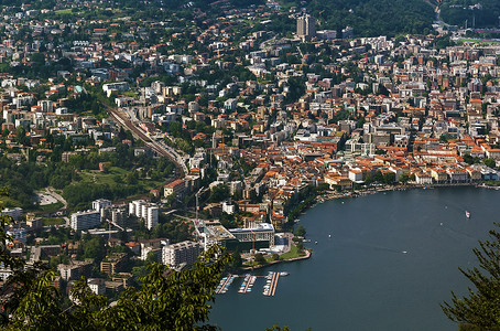 卢伽诺瑞士卢加诺天空旅游旅行全景绿色城市蓝色假期背景