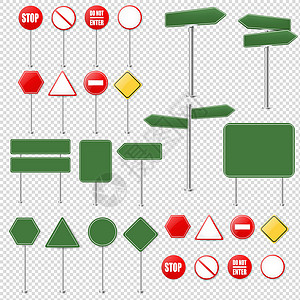 保守大集停车标志和交通标志收集透明背面绿色危险金属空白速度旅游路标街道运输白色插画