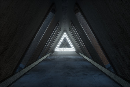 带有发光霓虹灯的梦幻混凝土隧道建筑  3d 渲染辉光公司力量三角形照明激光外星人走廊行星活力背景图片