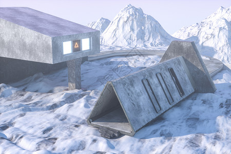 幻想混凝土隧道建筑三角隧道  3d 渲染场景外星人建造高科技房子插图公司科学艺术行星背景图片