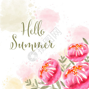 夏天你好 带花的水彩横幅卡片海报背景图片