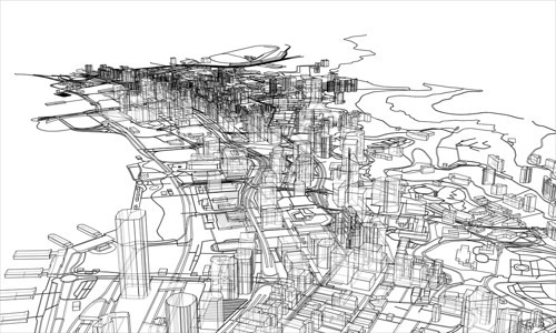 景观素材草图概述城市概念 线框样式房子场景白色摩天大楼市中心建筑学城市插图建筑艺术设计图片