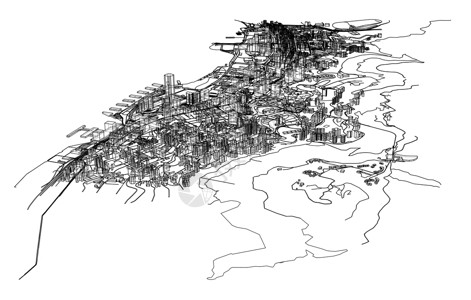 概述城市概念 线框样式鸟瞰图场景插图房子摩天大楼市中心建筑学墨水地平线街道背景图片