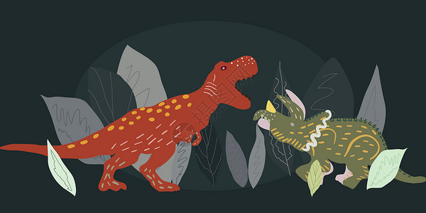 暴龙和三环龙恐龙说明打印纺织品孩子黑色绘画婴儿棘龙收藏剑龙荒野背景图片