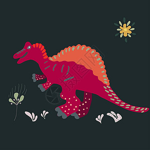 恐龙的剪影黑色背景上的脊柱词龙手图白色卡通片插图孩子们力量孩子剑龙恐龙怪物荒野背景