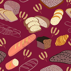 法国长棍面包与一组绘画面包和面包店一起绘制的手画背景插画
