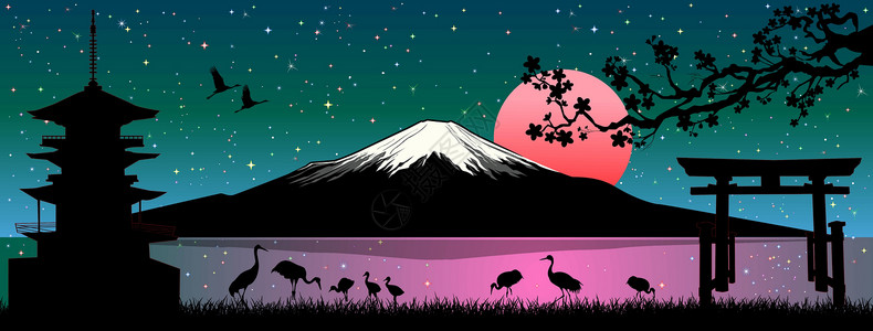 慢门海景日本富士山风景插画