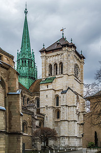 新教圣皮埃尔大教堂 日内瓦 斯威兹兰绿色艺术石头建筑历史教会宗教大教堂尖塔地标背景
