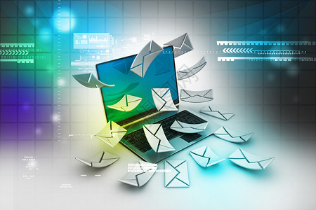 托运人电子邮件的概念 现代笔记本电脑和信封电报明信片送货远程技术互联网网络电讯屏幕托运背景