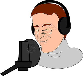 白色背景上的电台评论员广播卡通片男人麦克风工作室电子耳机男性工作设计图片
