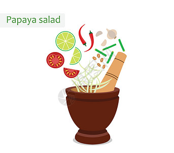 切丝木瓜沙拉泰式食品配砂浆和配料-矢量图解插画