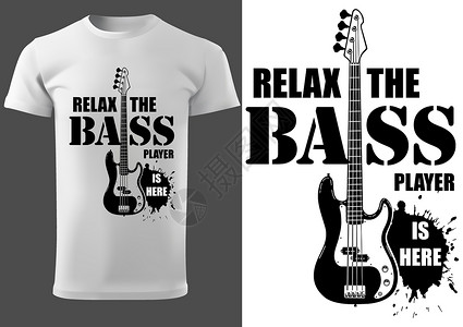 印有音乐标语和贝司吉他的 T 恤播放器岩石重金属风格插图流行音乐扇子吉他硬石艺术插画